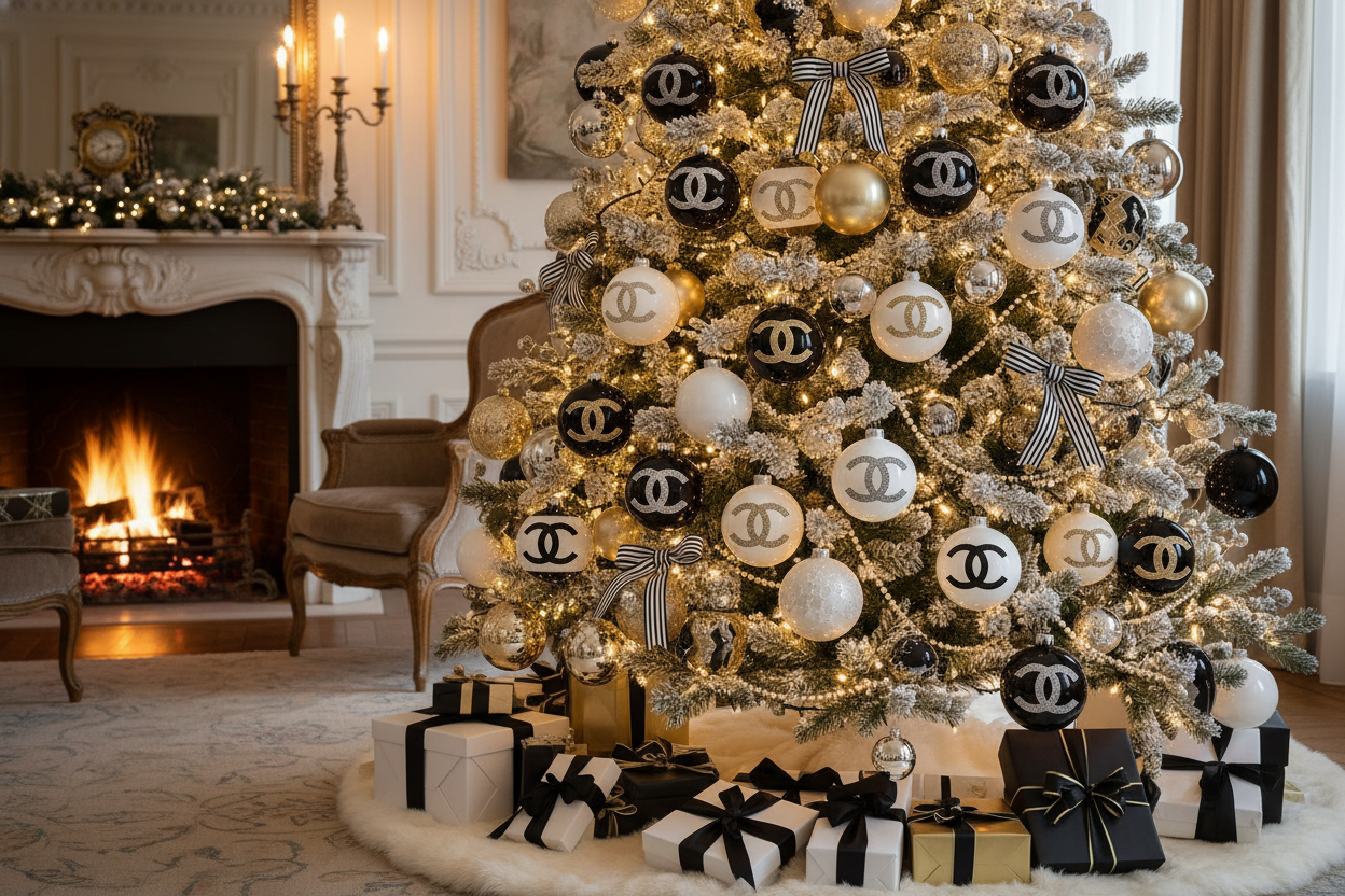 een kerstboom met kerstballen met een chanel logo